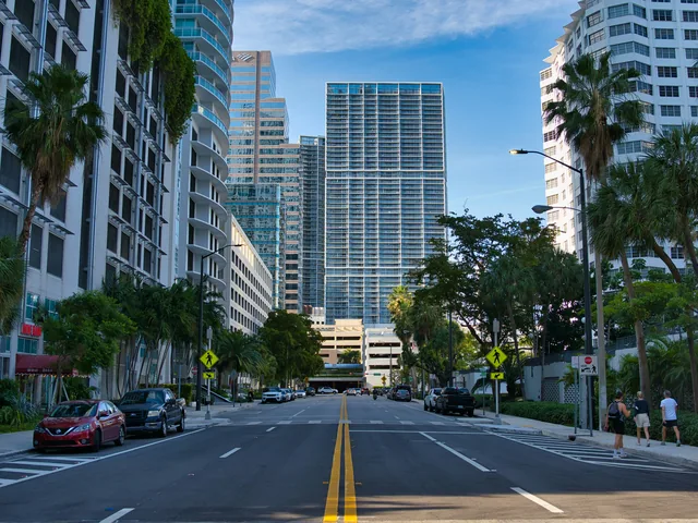 Palm-lined street framed by high-rise buildings in Downtown Miami