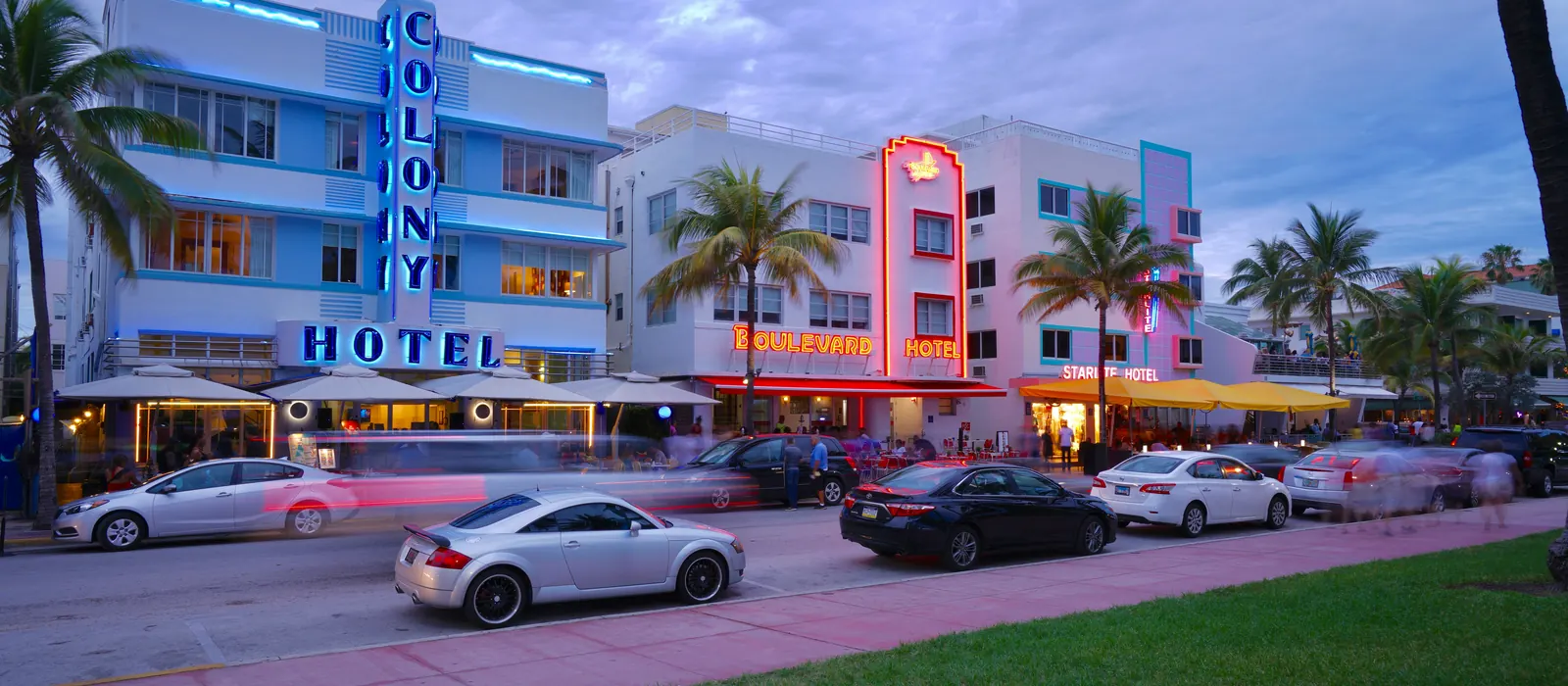 Neon-lit Art Deco hotels on Ocean Drive